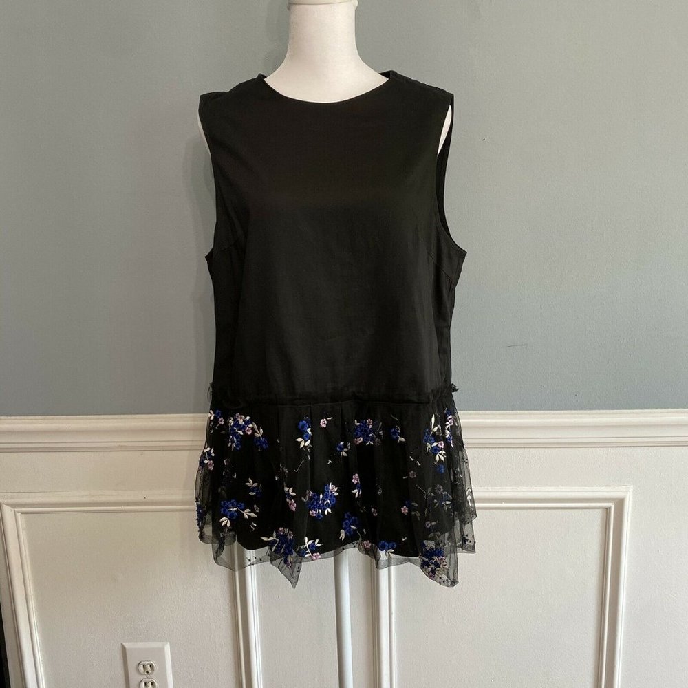 SUNO Black Cotton/ Embellished Tulle Peplum Top Si